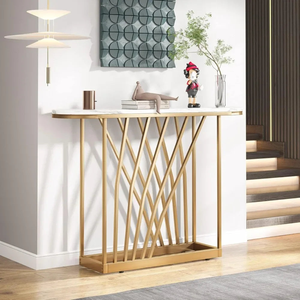 Modern Console Table, 43 in White Faux Marble Sofa Table Behind Couch, Wood Hallway Foyer Table for Entrance, Narrow Entryway