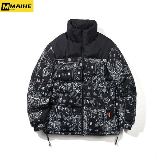 Men's Winter Warm Jacket Coat Patchwork Vintage Painting Harajuku Padded Puffer Jacket Oversize Male Parka Men's Clothing