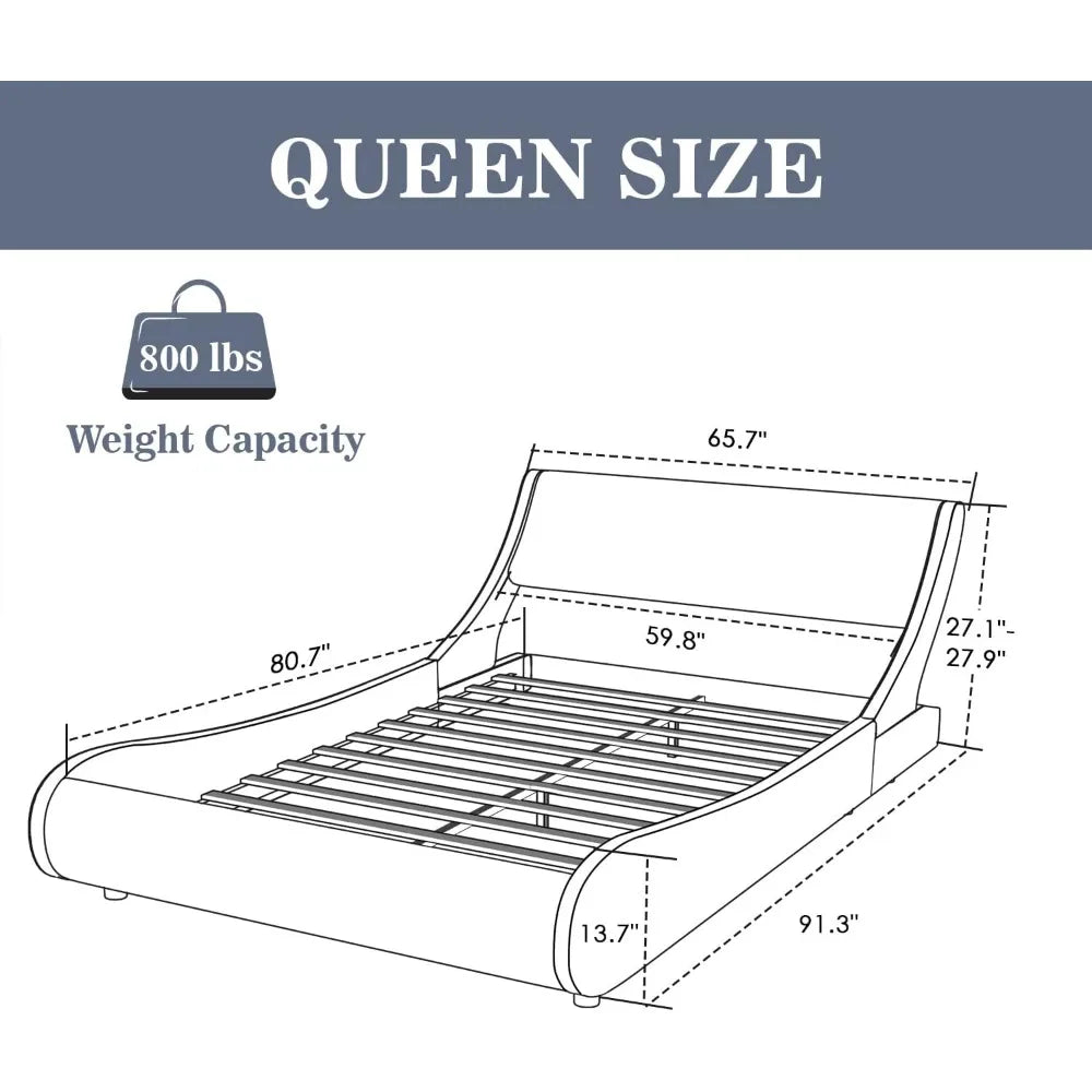 Upholstered queen platform bed frame modern low-profile sleigh bed with faux leather headboard for easy assembly