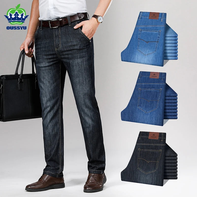 High Quality Cotton Men's Jeans Classic Brand Business Loose Straight Denim Black Pants Work Trousers Male Large size 35 40 42
