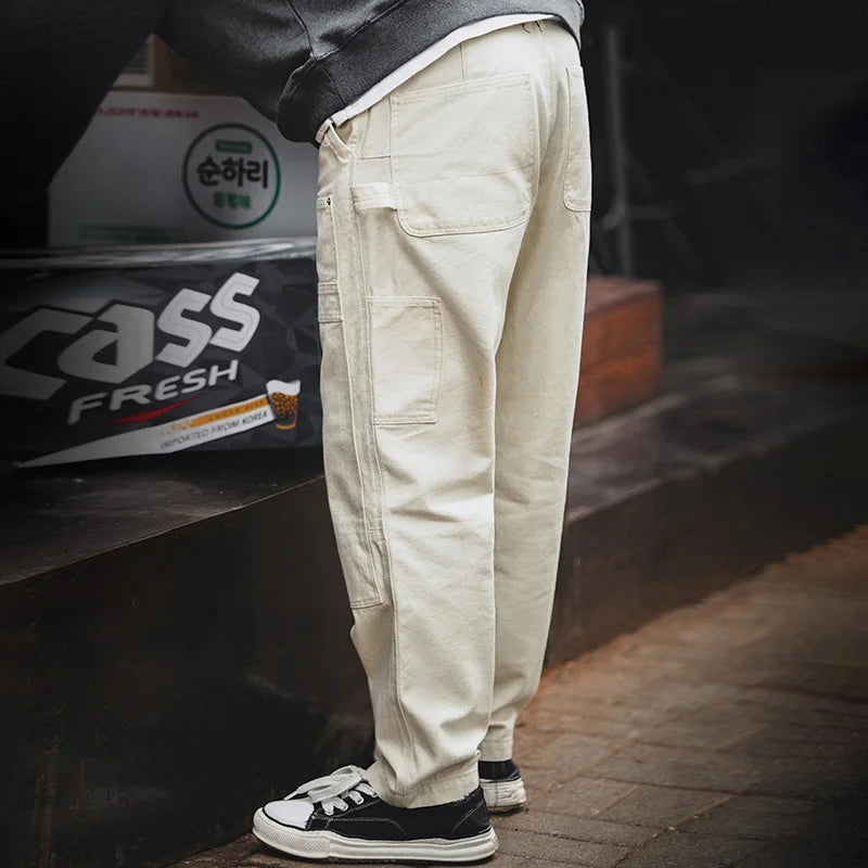 Maden 2023 Japanese Korean Style Vintage Loose Jeans Washed Straight Multi-Pocket Men's Cargo Pants Streetwear Carpenter Trouser