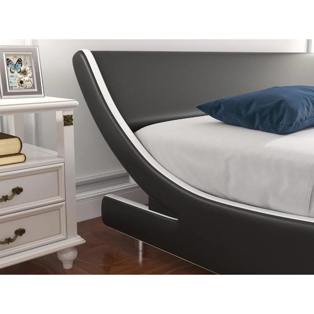 Upholstered queen platform bed frame modern low-profile sleigh bed with faux leather headboard for easy assembly