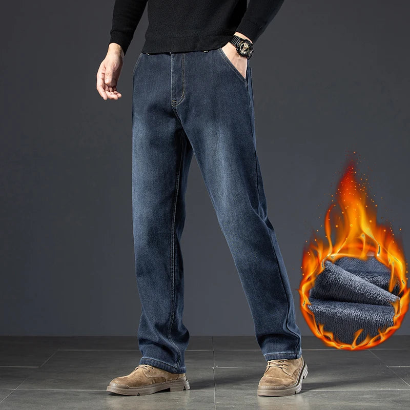 New Winter Men's Velvet Nostalgic Straight Jeans High Quality Thickened Warm Denim Pants Male Brand Loose Trousers