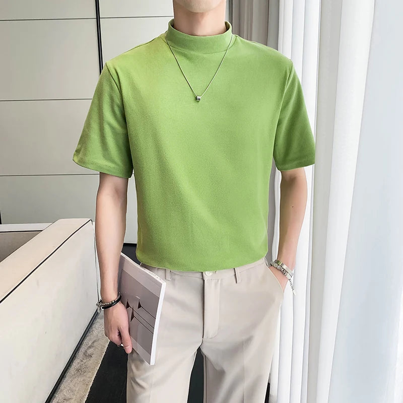 T Shirt For Men All Match Solid Turtleneck Slim Fit Casual Short Sleeve T-Shirts High Neck Men's clothing Comfortable 7Colors