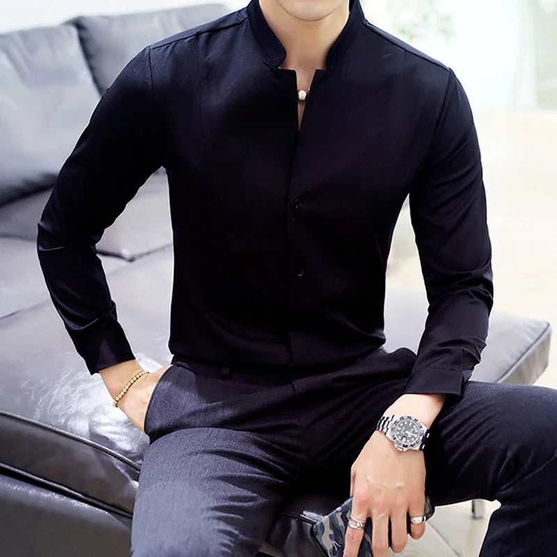 Mens Long Sleeve Shirt High Quality Stand Collar Casual Slim Solid Color Summer Fashion Men's Clothing Shirt Oversized Size 5XL