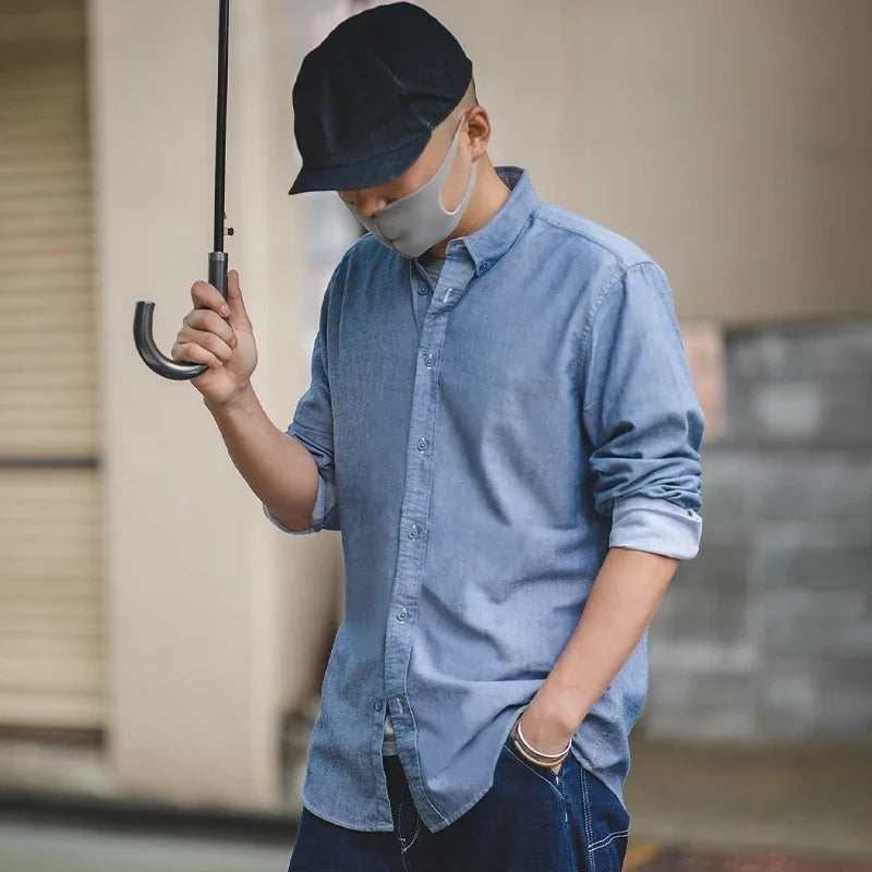 Maden Autumn Retro Blue Striped Shirt For Men Long Sleeve Classic Business Shirt Oxford Cotton Line Men's Clothing Camisas New