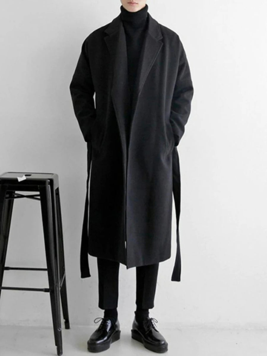 YASUGUOJI Cardigans Blends Coat with Belt Overcoat Male Winter Coat New Black Turn-down Collar Long Coat Men's Clothing