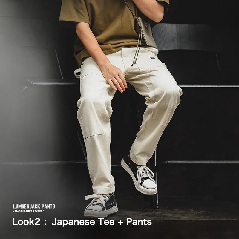 Maden 2023 Japanese Korean Style Vintage Loose Jeans Washed Straight Multi-Pocket Men's Cargo Pants Streetwear Carpenter Trouser