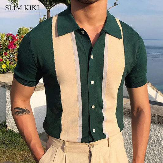 Men's Shirts, Polo Shirts, Classic Slim Golf Wear, Short Sleeve Tee Vintage Stripe Lapel Collar Knit Shirt, Manly Men's Clothing