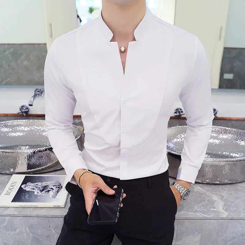 Mens Long Sleeve Shirt High Quality Stand Collar Casual Slim Solid Color Summer Fashion Men's Clothing Shirt Oversized Size 5XL