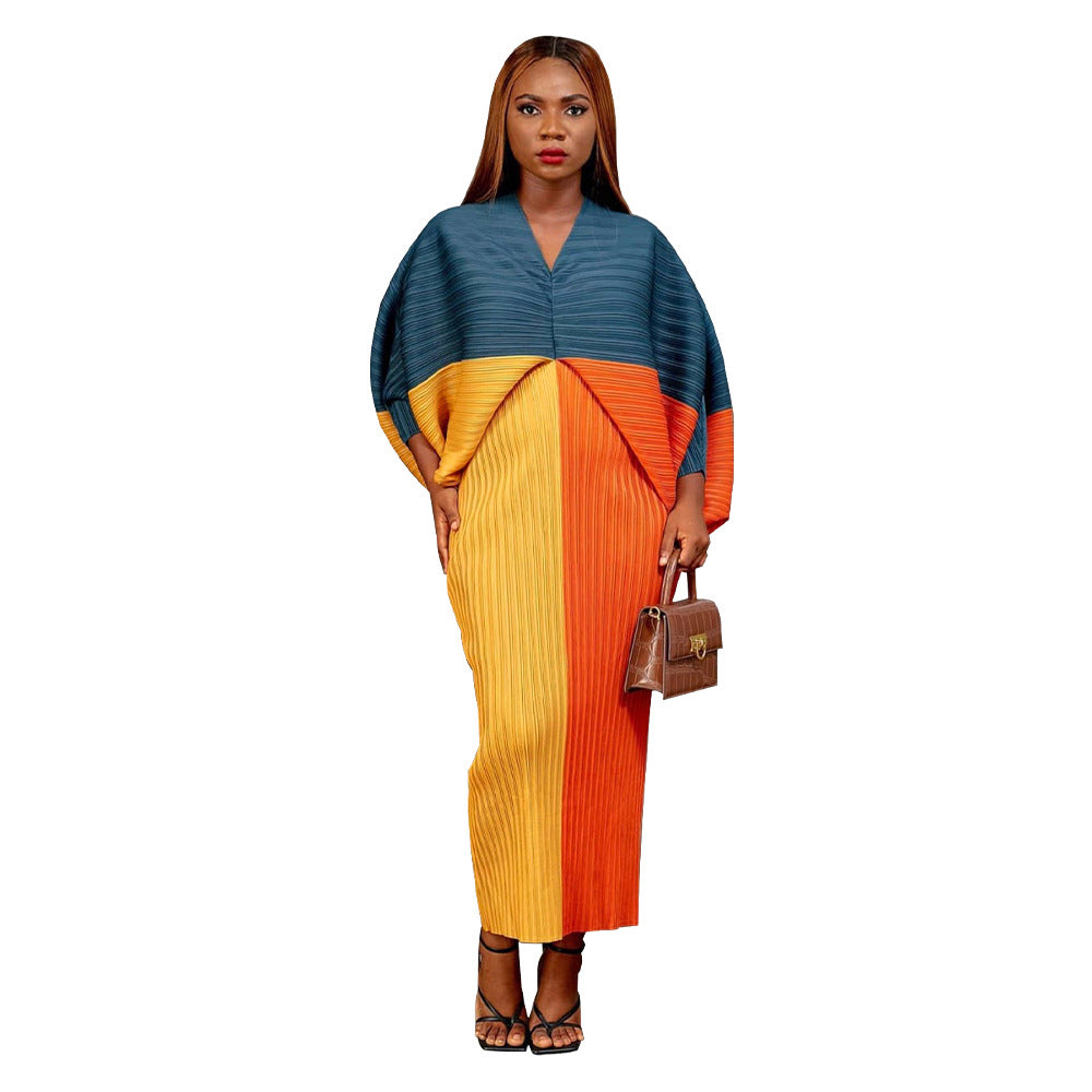 V-collar Contrast Color Pleated Batwing Sleeve Dress