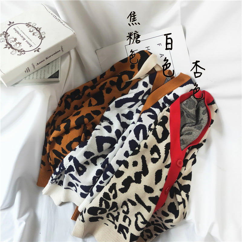 Leopard Print Sweater Cardigan Sweater Women's Loose V-neck