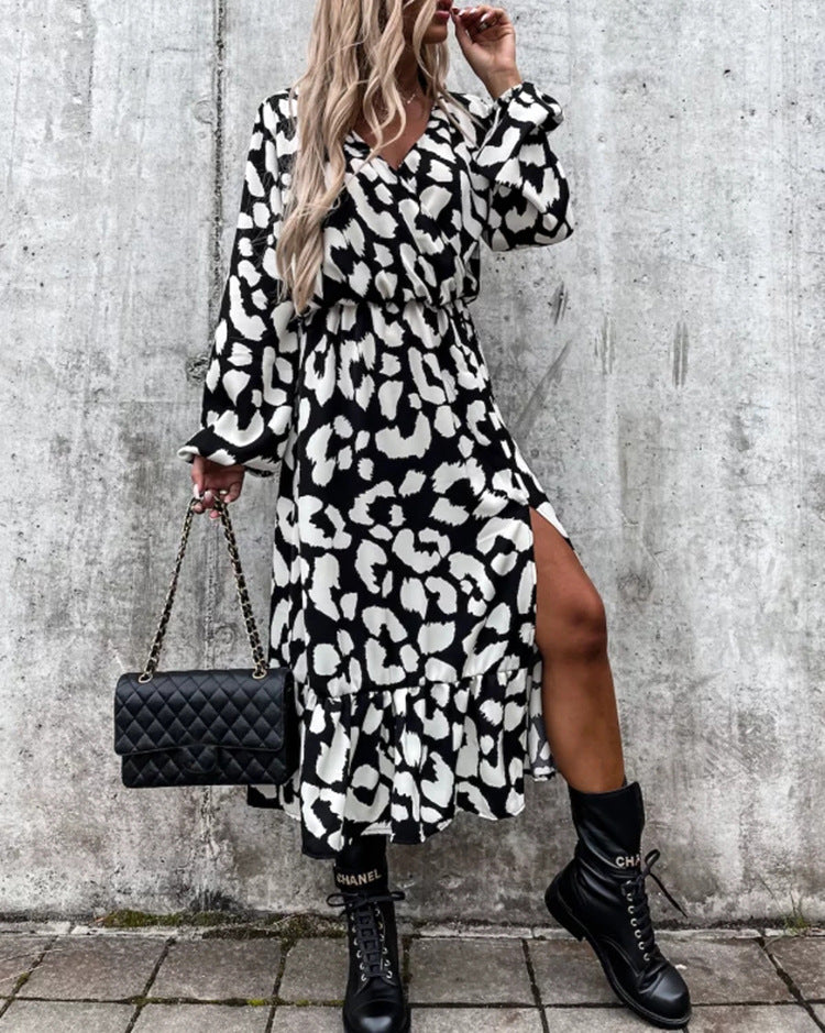 Women's Season Leopard Print Long Sleeve Slit Dress