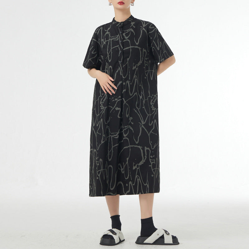 Retro Lazy Style Graffiti Printing Short Sleeve Dress