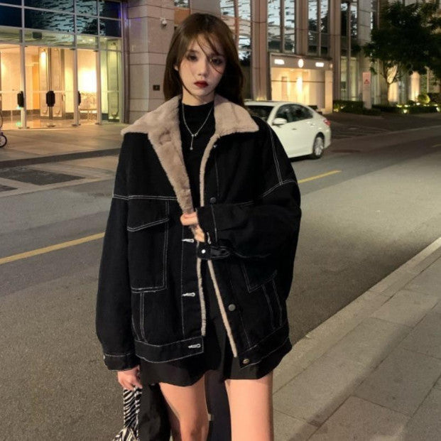 Double-sided Lamb Wool Coat Winter Denim Cotton Coat Ins