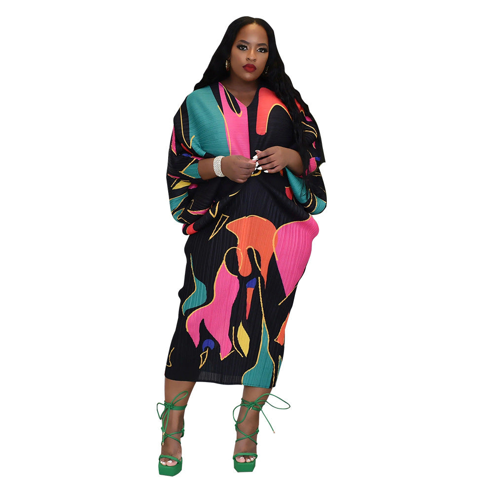 European And American V-neck Batwing Sleeve Printing Dress