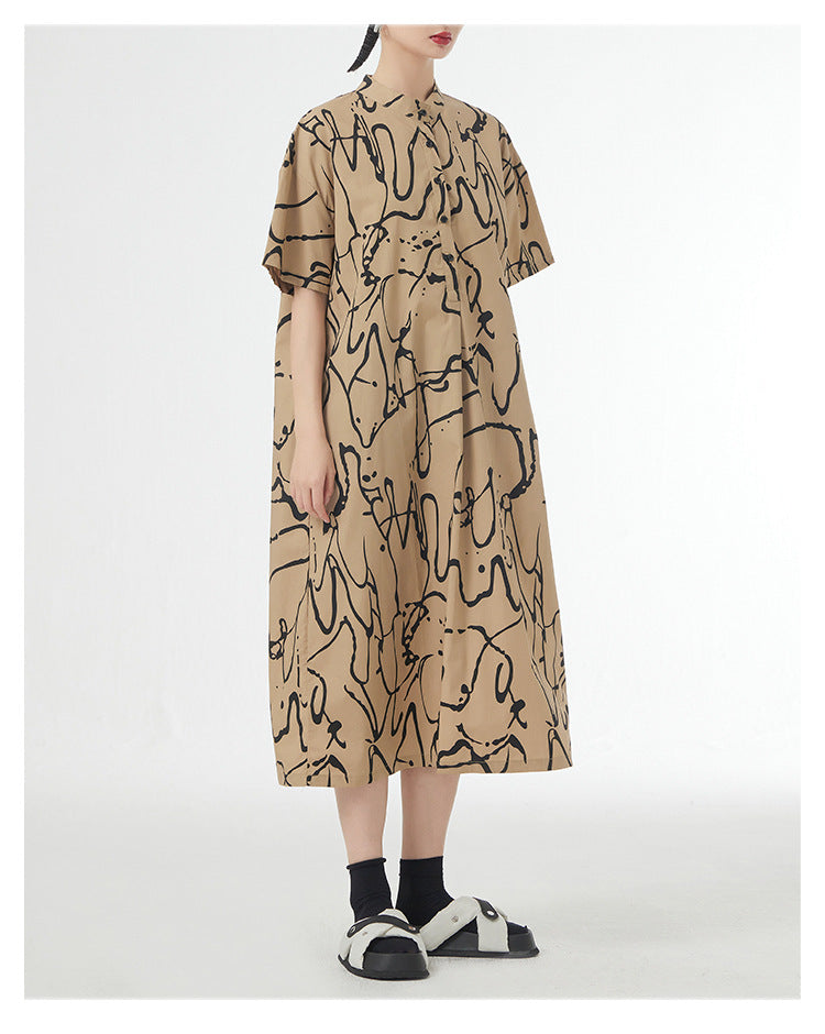 Retro Lazy Style Graffiti Printing Short Sleeve Dress