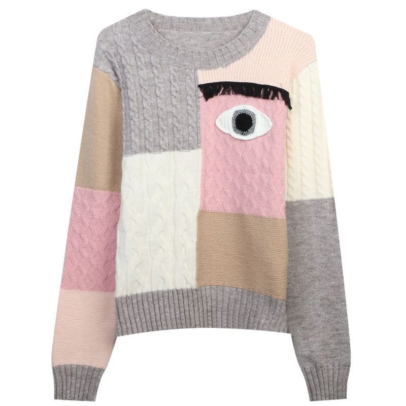 Preppy Style Knitted Pullover Women's Contrast Color Thread Sweater