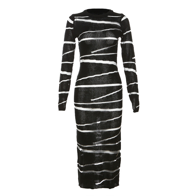 Autumn Mesh Stitching See-through High Waist Sheath Long Dress