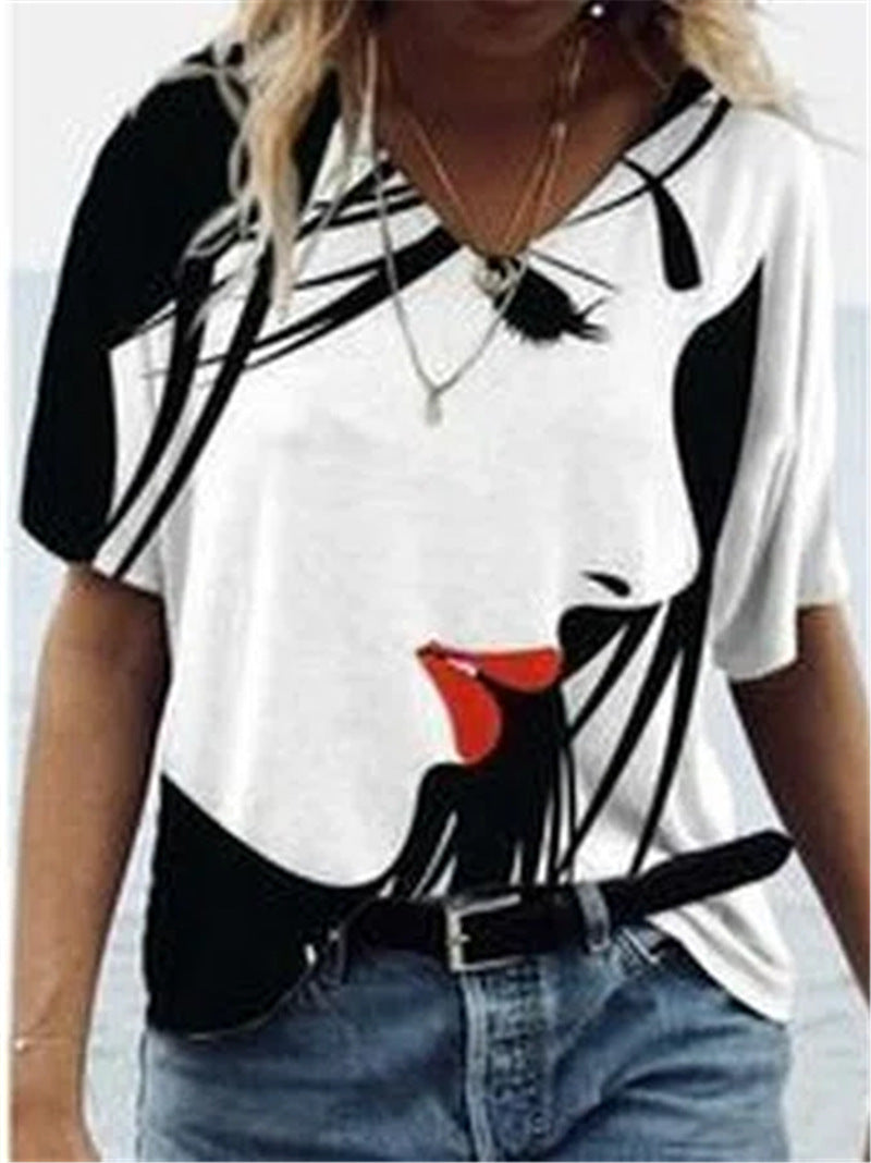 Women's Face Print Short Sleeve V-neck