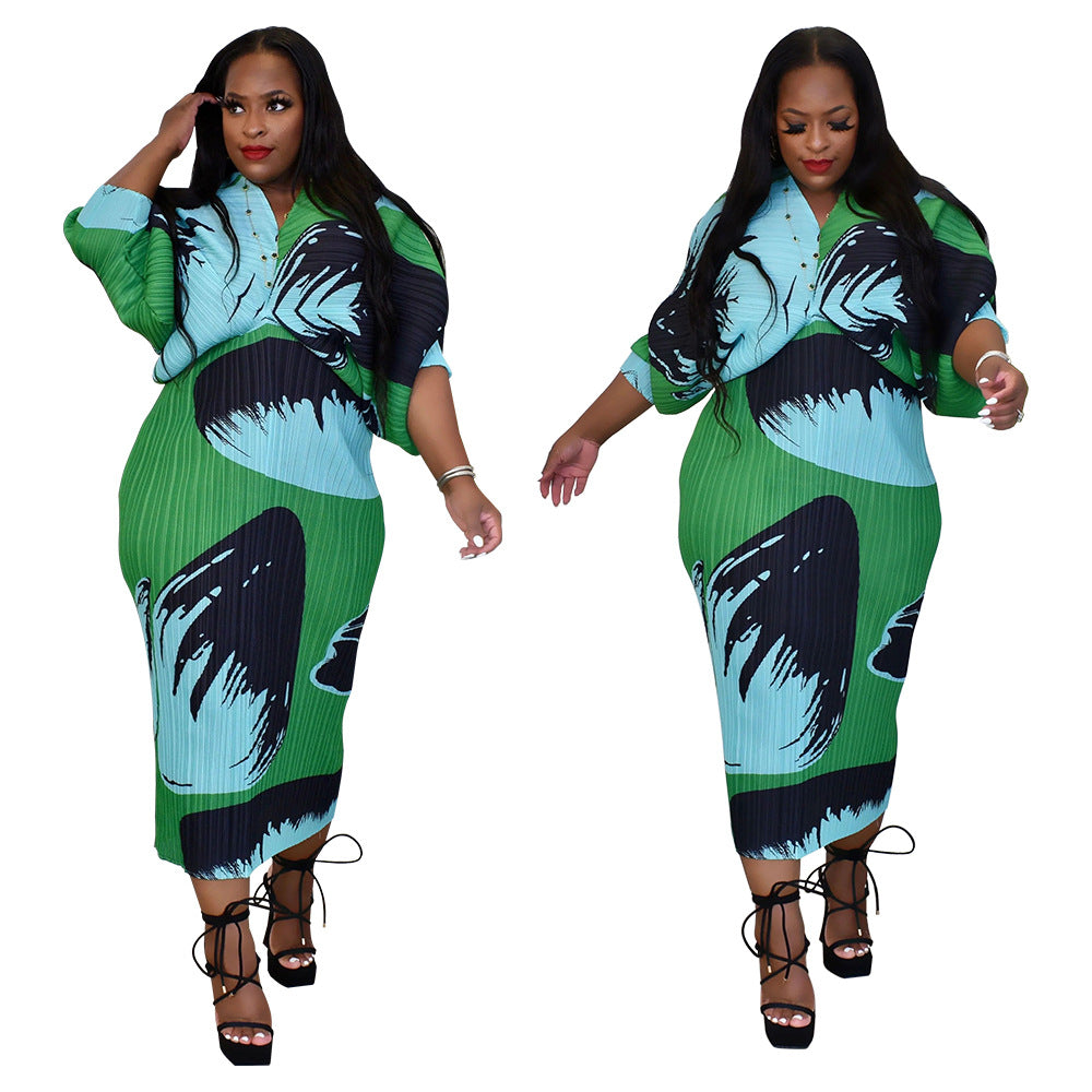 European And American V-neck Batwing Sleeve Printing Dress