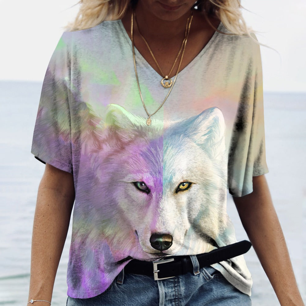 Women's Face Print Short Sleeve V-neck