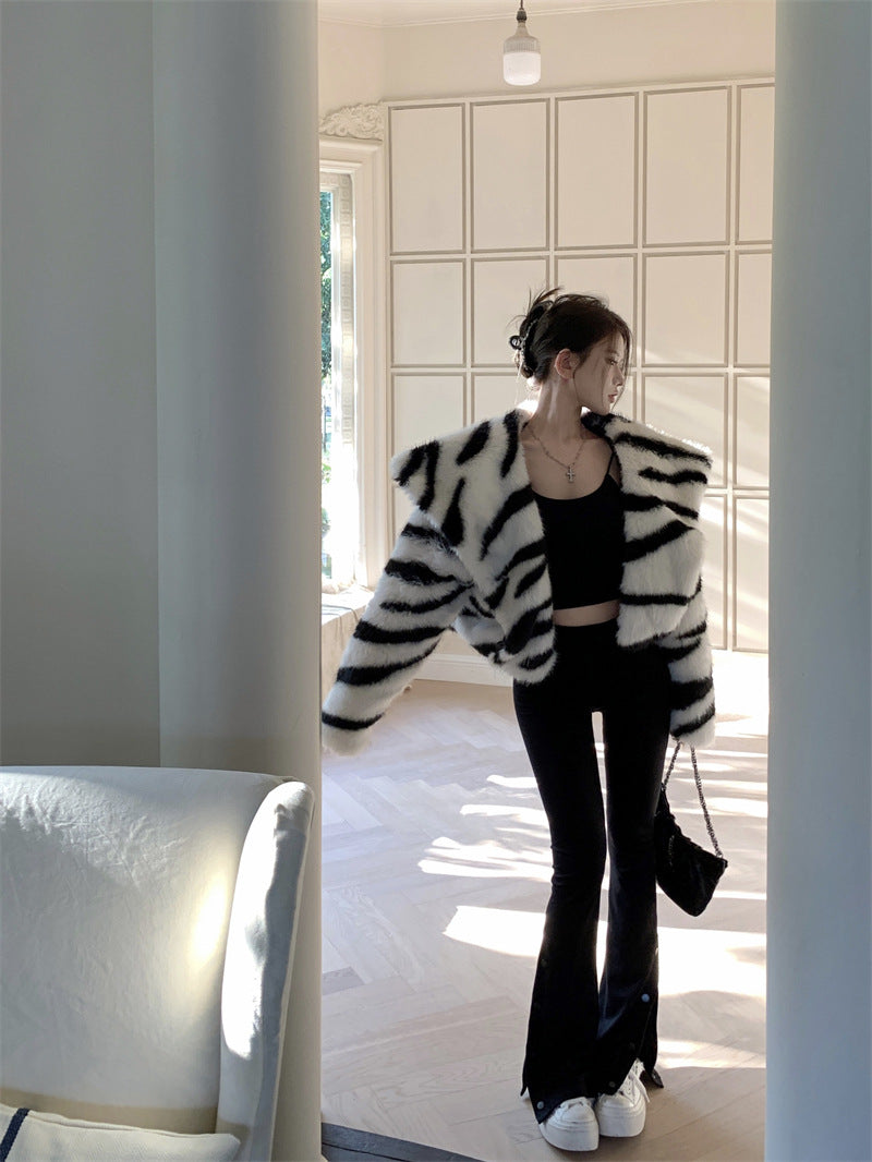 Heavy Industry Large Lapel Zebra Pattern Environmental Protection Fur Short Coat