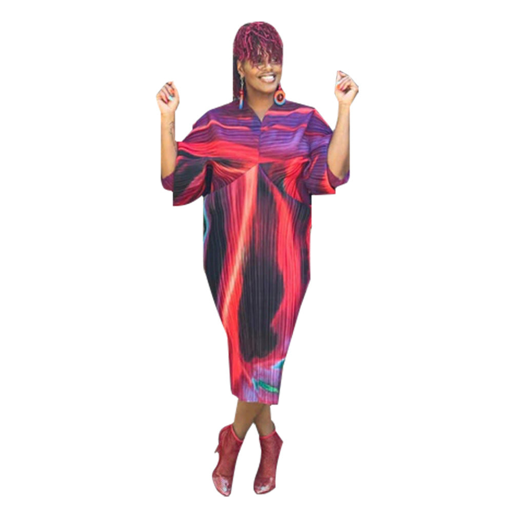 V-collar Contrast Color Pleated Batwing Sleeve Dress