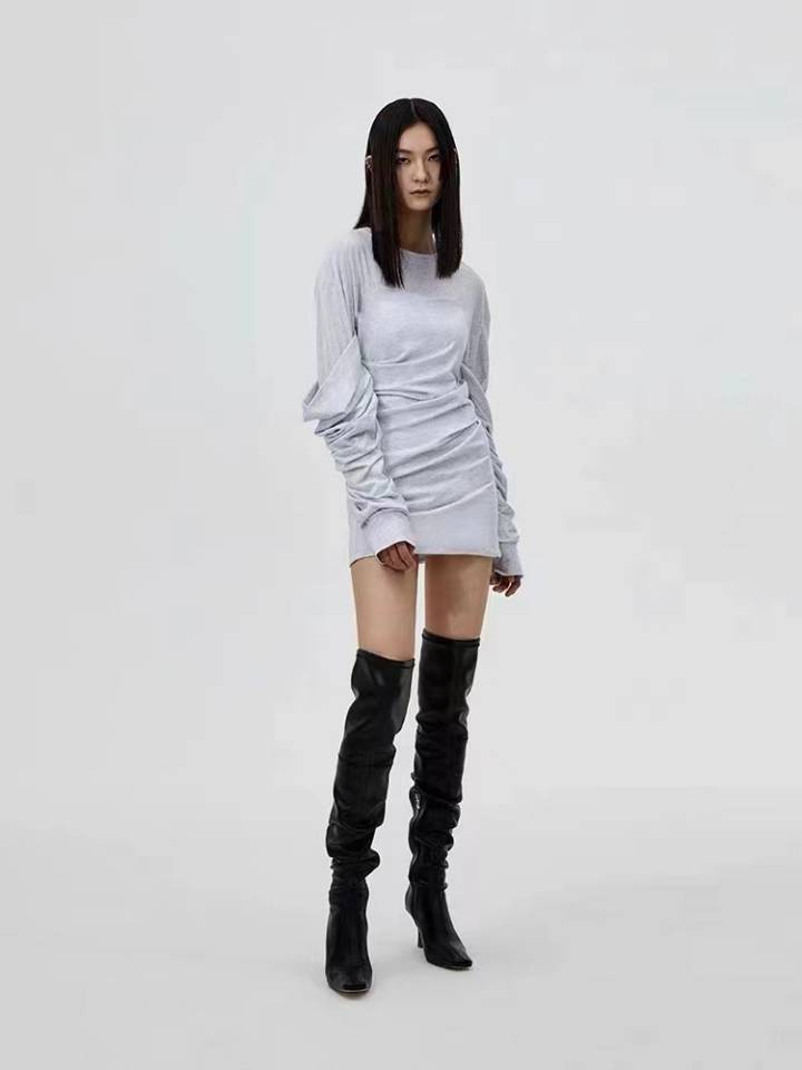 Simple Round Neck Long Sleeve Stitching Pile Style Design Solid Color Dress