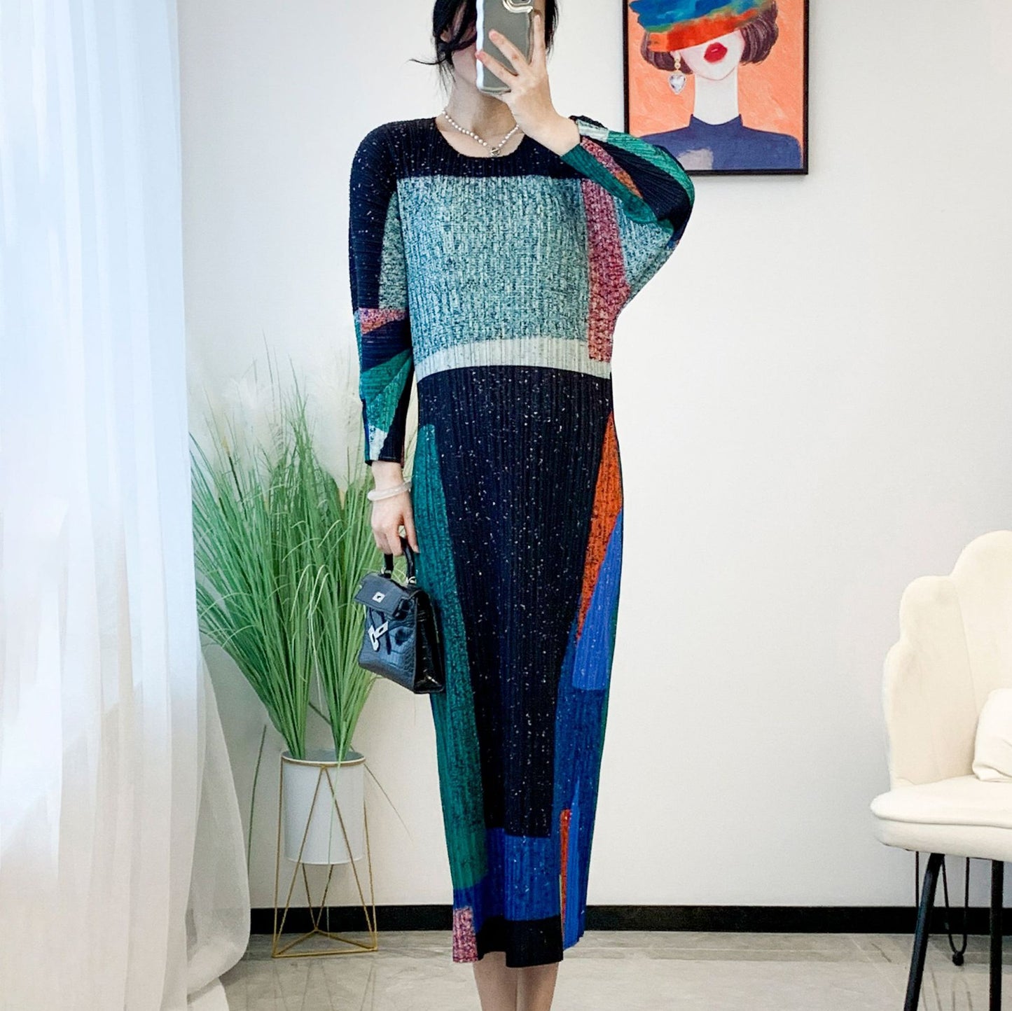 Printed Temperament High-end Women's Clothing Waist-tight Slimming Midi Dress