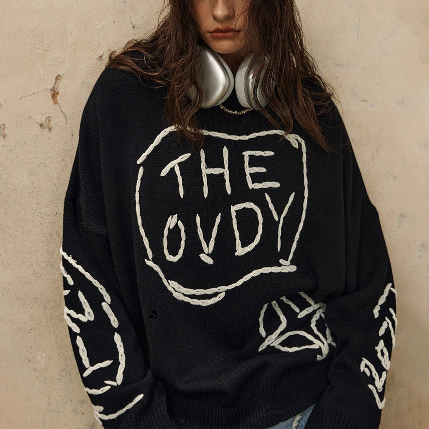 Perforated Round Neck Loose Knit Sweater