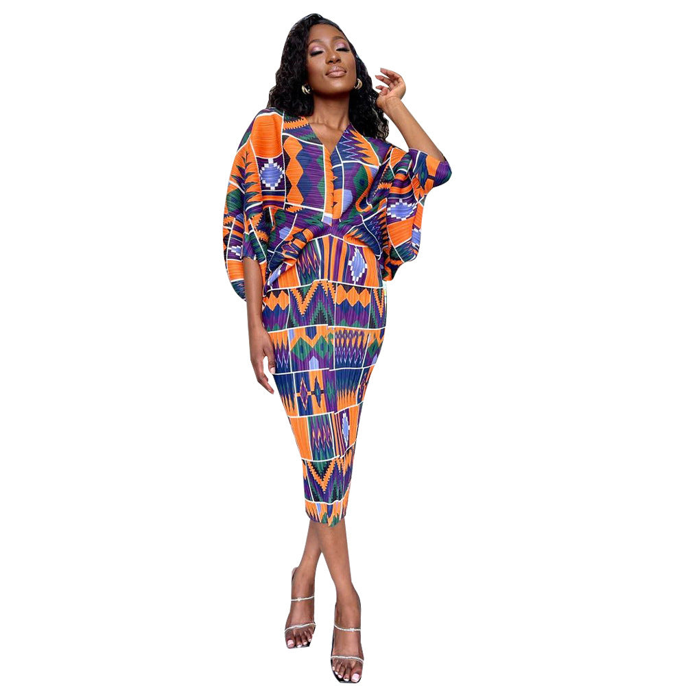 V-collar Contrast Color Pleated Batwing Sleeve Dress