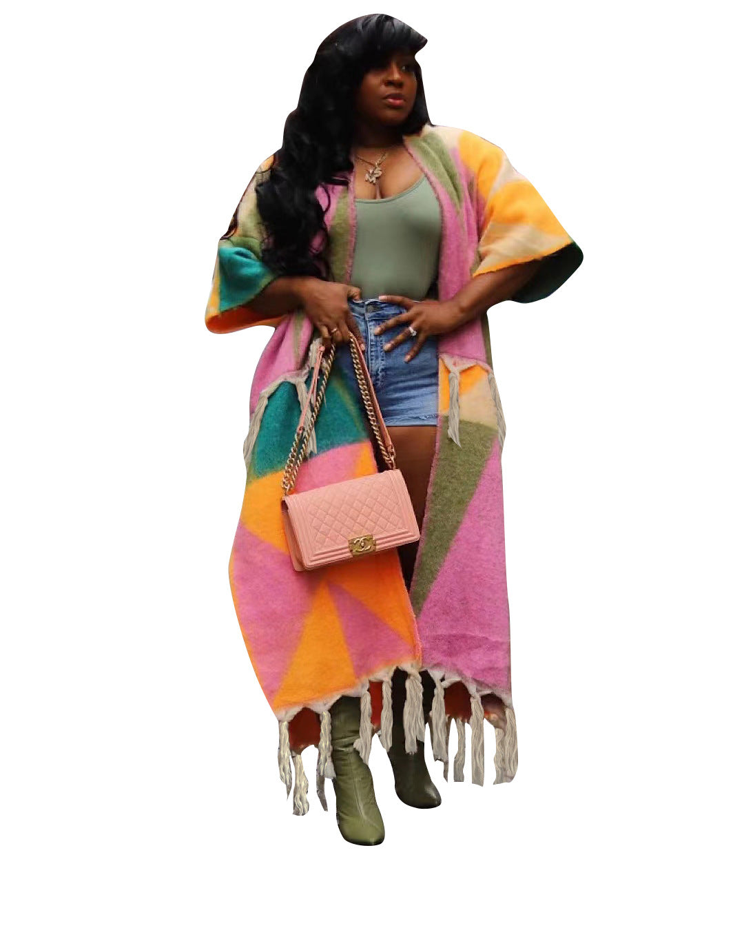 Women's Clothing Casual Multicolor Tassel Knitted Coat