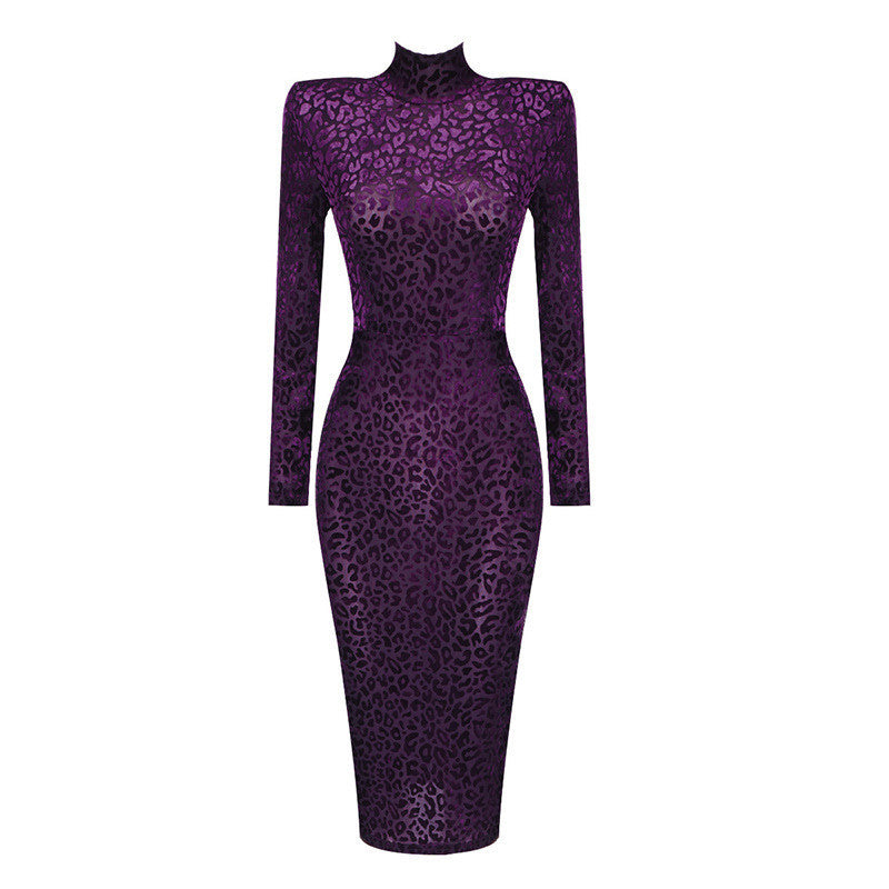 High Collar Long Sleeve Nightclub Velvet Burnt Flower Padded Shoulder Dress
