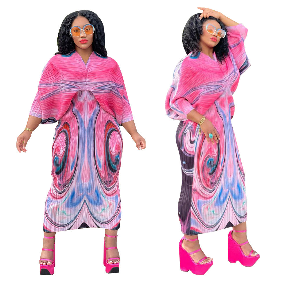 European And American V-neck Batwing Sleeve Printing Dress