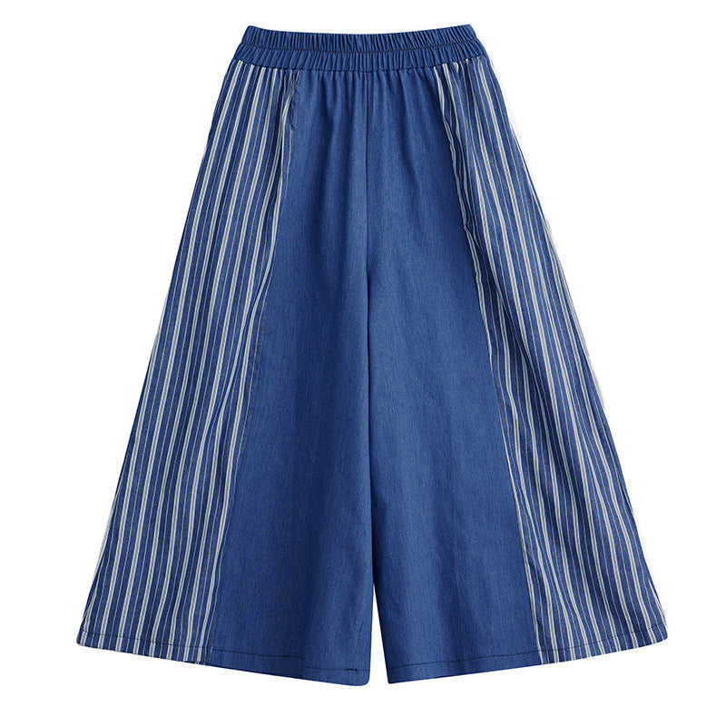 Autumn Clothing Casual Patchwork Striped Denim Fashionable Wide Leg Pants