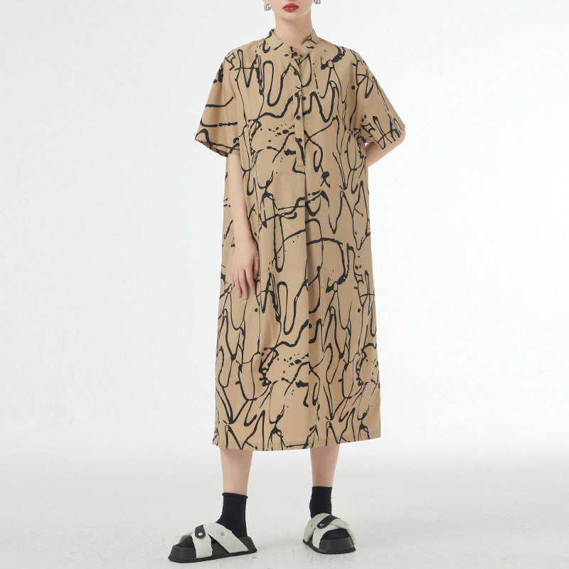Retro Lazy Style Graffiti Printing Short Sleeve Dress