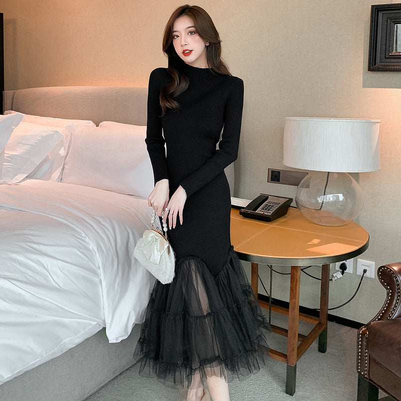 Fairy Flying Hepburn Graceful Match With Coat Mesh Stitching Over The Knee Knitted Fishtail Dress