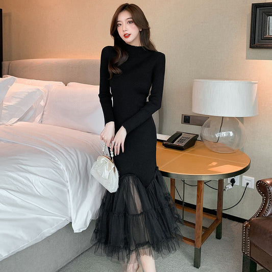 Fairy Flying Hepburn Graceful Match With Coat Mesh Stitching Over The Knee Knitted Fishtail Dress