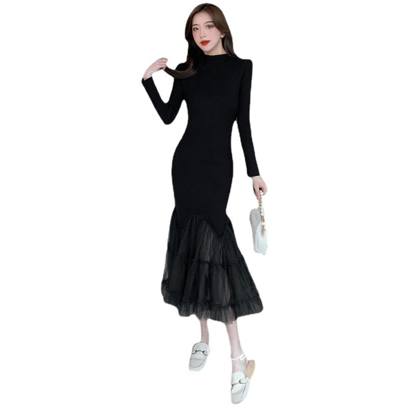 Fairy Flying Hepburn Graceful Match With Coat Mesh Stitching Over The Knee Knitted Fishtail Dress