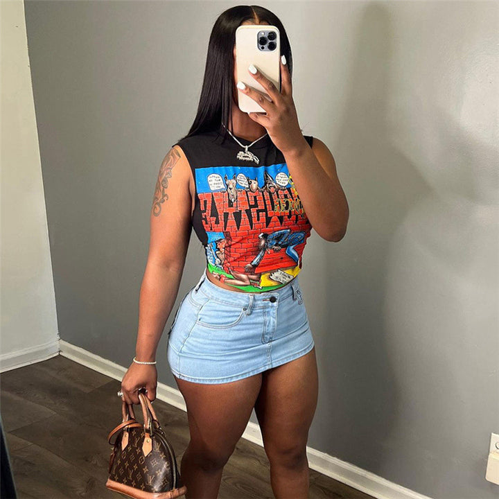 Women's Fashion Cartoon Print Short Slim Fit Sleeveless Top