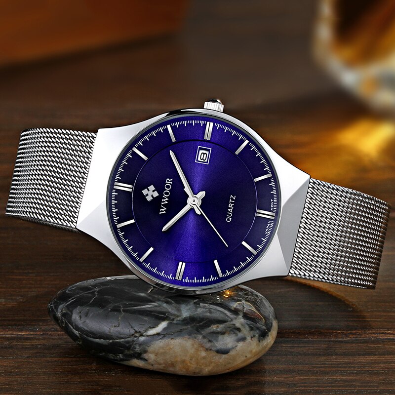 WWOOR Watch Men Luxury Ultra-thin Casual Mens Watch Blue Waterproof Stainless Steel Quartz Auto Date Fashion Watches Mens 2021