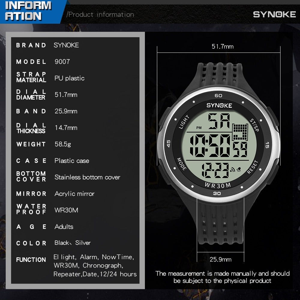 SYNOKE Men Digital Watch LED Display Waterproof Male Wristwatch Chronograph Calendar Alarm Week Sports Watches Relogio Masculino