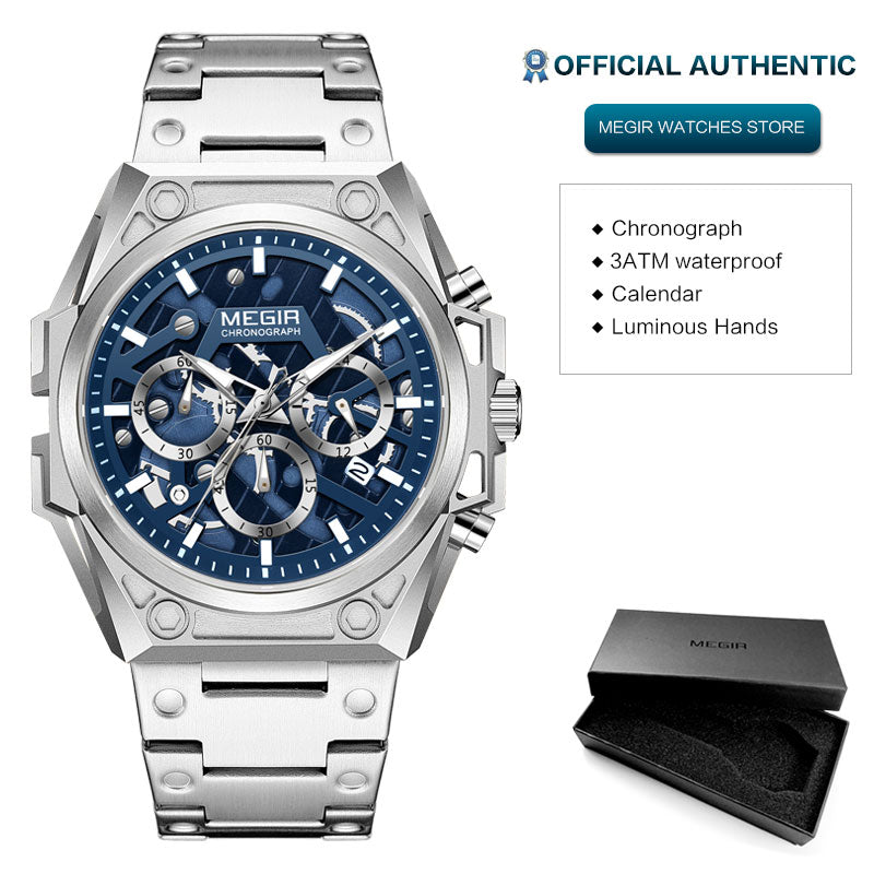 MEGIR Blue Watch Men Stainless Steel Dress Wrist Watch Man Waterproof Chronograph Quartz Watches Relogio Masculino часы мужские