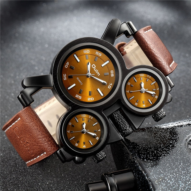 Punk Style Men Watches Oulm 1167 New Retro Male Quartz Watch Unique 3 Time Zone Quartz Clock Leather Man Military Wristwatch