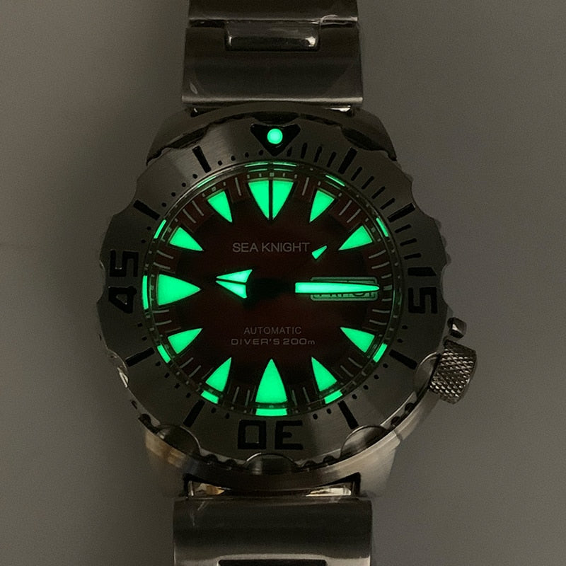 Sea knight Monster Automatic Watch Men NH36A Men's Mechanical Watches Sapphire Vintage Red Dial Green Luminous 200M Diver Watch