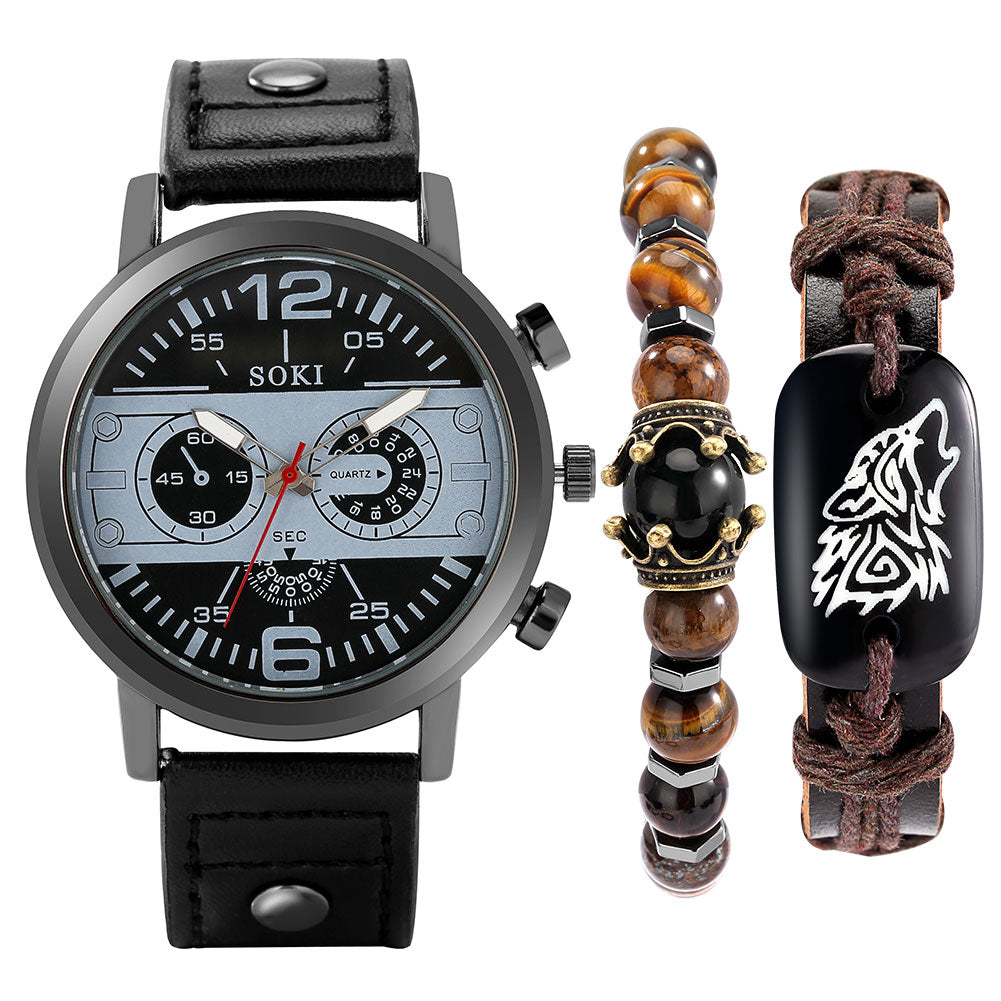 Luxury Watch for Men Bracelet Set Quartz Wristwatches Black Leather Business Clock 2022 Gift for Boyfriend Husband Reloj Hombre