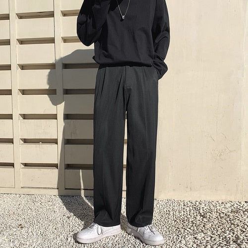Solid Men Casual Pants Pleated Pockets Mens Fashion Clothing Mopping Hong Kong Style Zipper Fly Spring New Trousers Loose Bottom