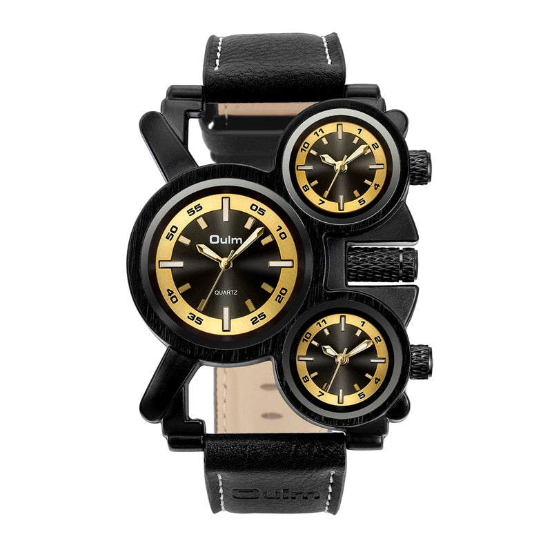 Punk Style Men Watches Oulm 1167 New Retro Male Quartz Watch Unique 3 Time Zone Quartz Clock Leather Man Military Wristwatch