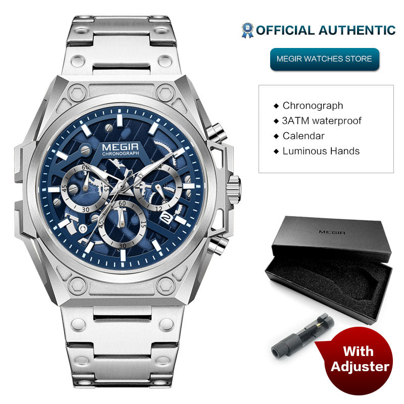 MEGIR Blue Watch Men Stainless Steel Dress Wrist Watch Man Waterproof Chronograph Quartz Watches Relogio Masculino часы мужские
